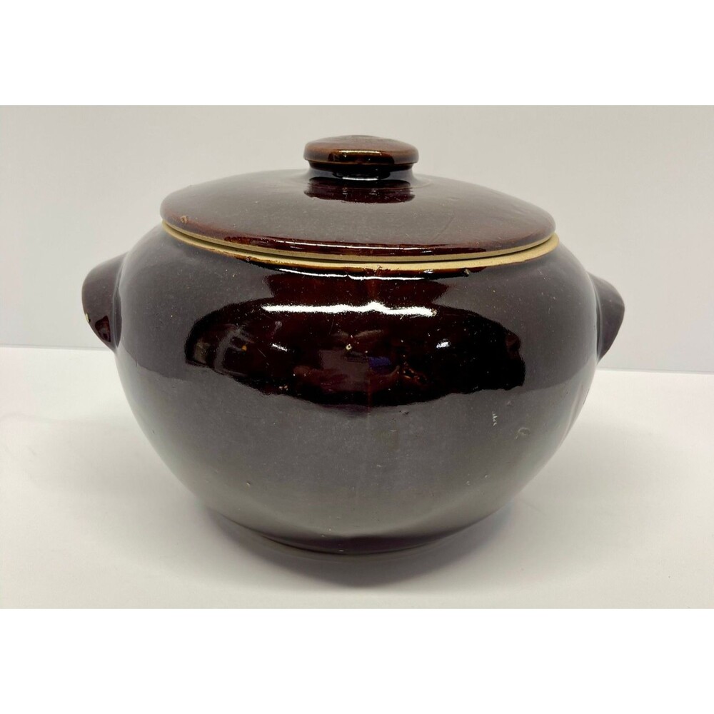 Vintage Hull Pottery Mirror Brown Covered Casserole Soup Crock with Handles–USA